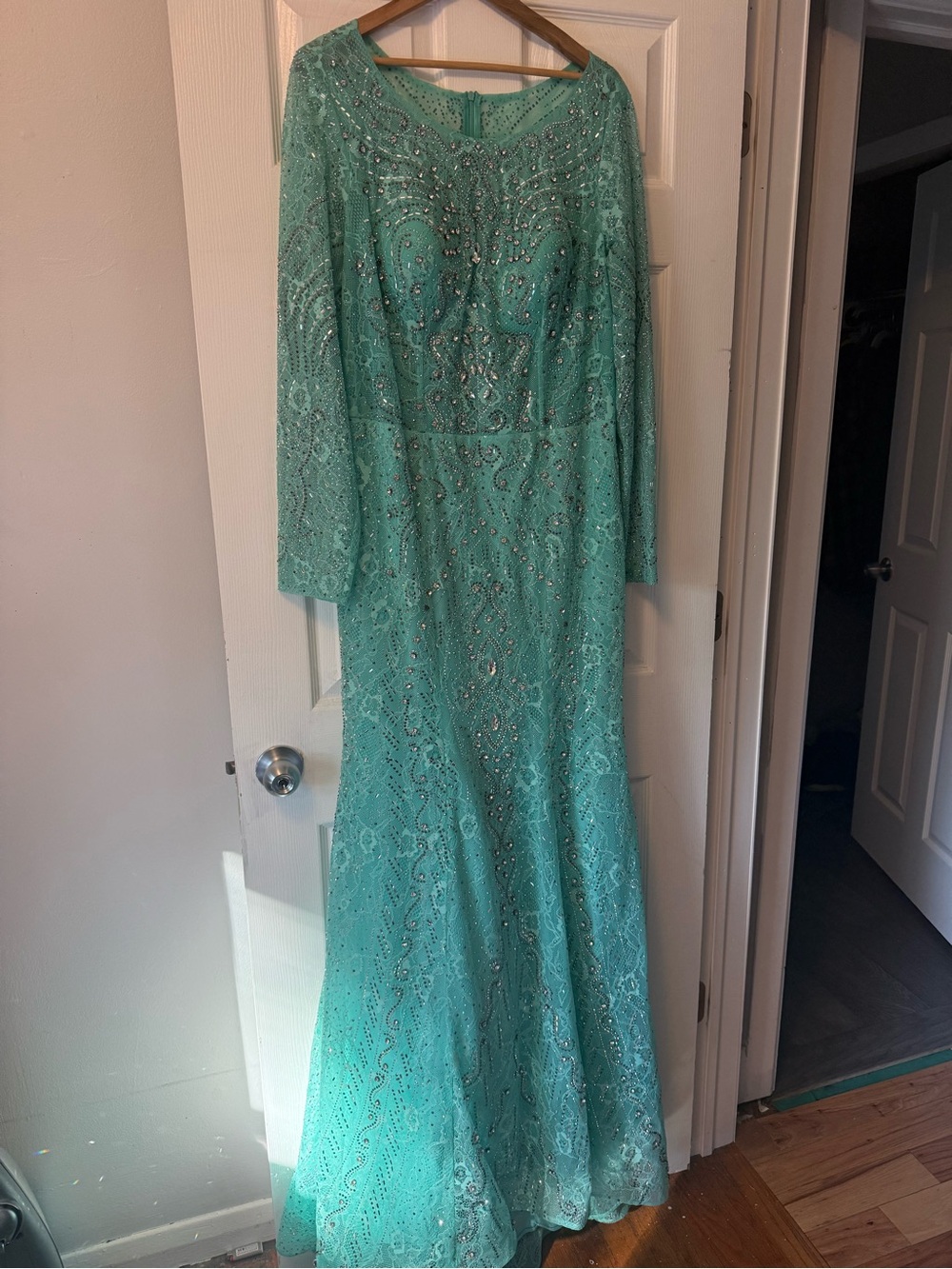 Mint Beaded Lace Evening Gown